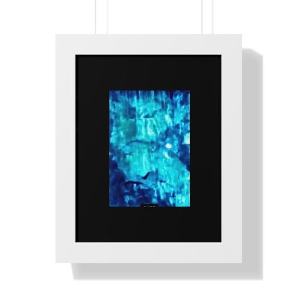 Abstract blue painting in white frame.