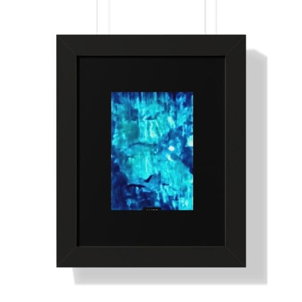 Abstract blue painting in black frame.