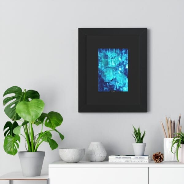 Framed blue abstract painting above shelf display.