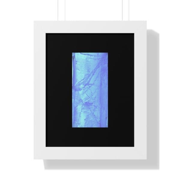 Blue abstract art in white frame.